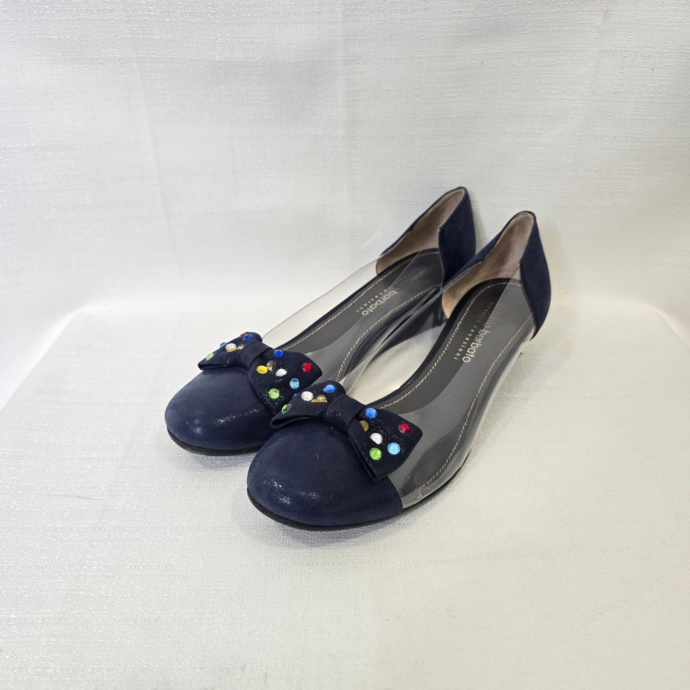 Antonio Barbato Wedge Pumps Size 41 Navy Blue Crystal Bow Clear Sides Italy